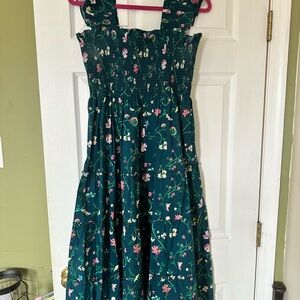 Hill House Green Floral Smocked Midi Dress with Pink & Cream Blossoms